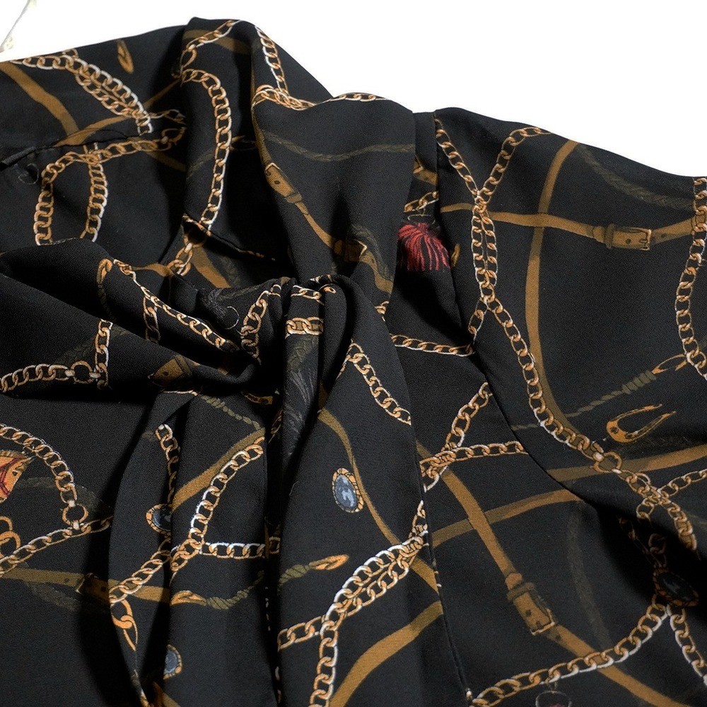 Zara Black Equestrian Chain Tassel Print Tie-Neck Blouse 0X Large Old Money - Picture 4 of 9